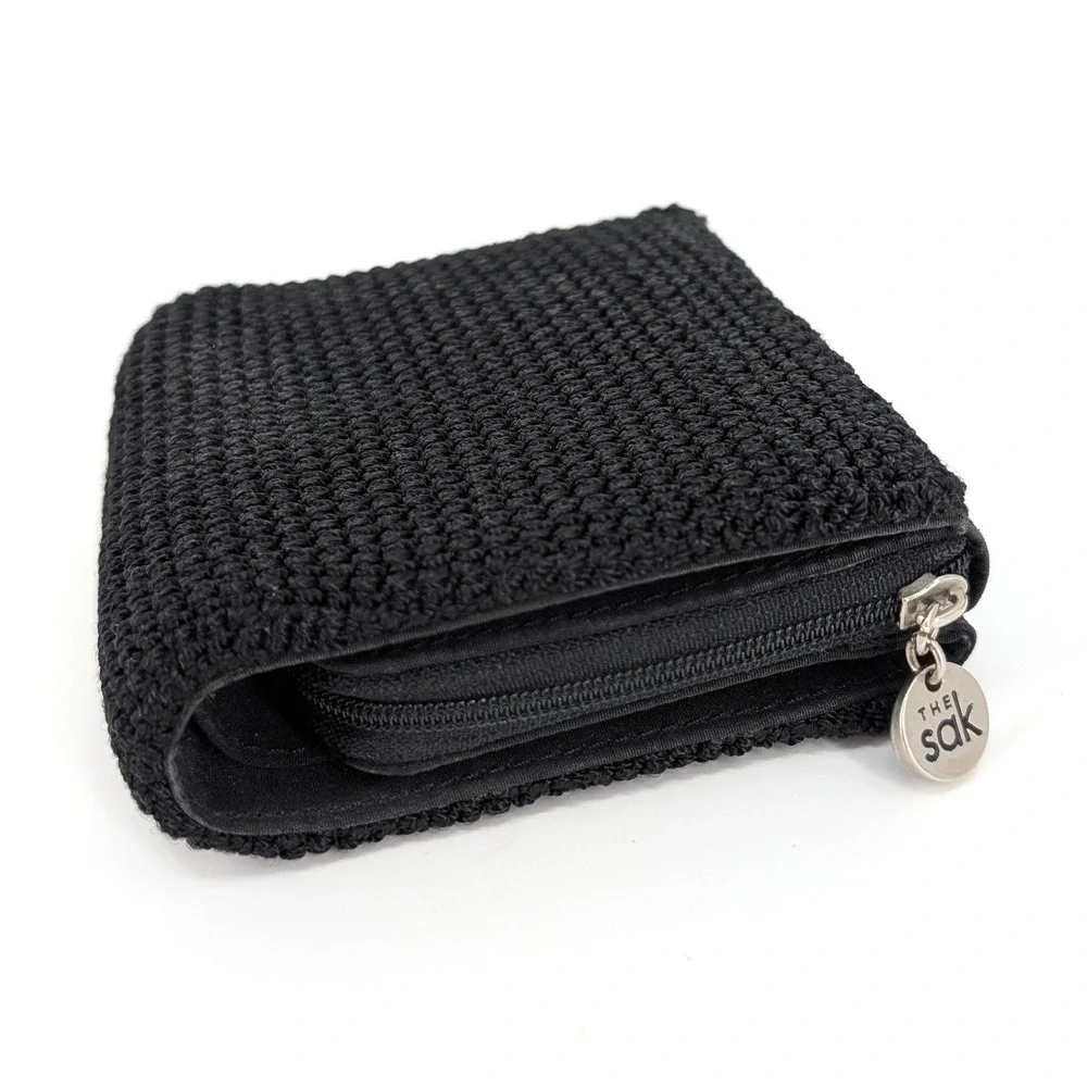 The Sak Black Crochet Trifold Wallet Zip Coin Pocket Compact Organizer